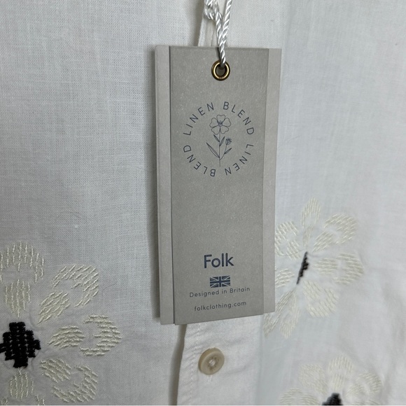 NWT Folk White Casual Linen Button Down Shirt with Black/Ivory Embroidery XL - Picture 2 of 6